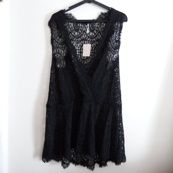 NWT Free People Black Boho Baby Doll Lace Dress Beach L - Picture 1 of 7